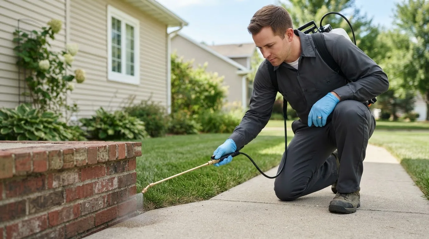 Pest control technician treating a home near Marenisco, MI