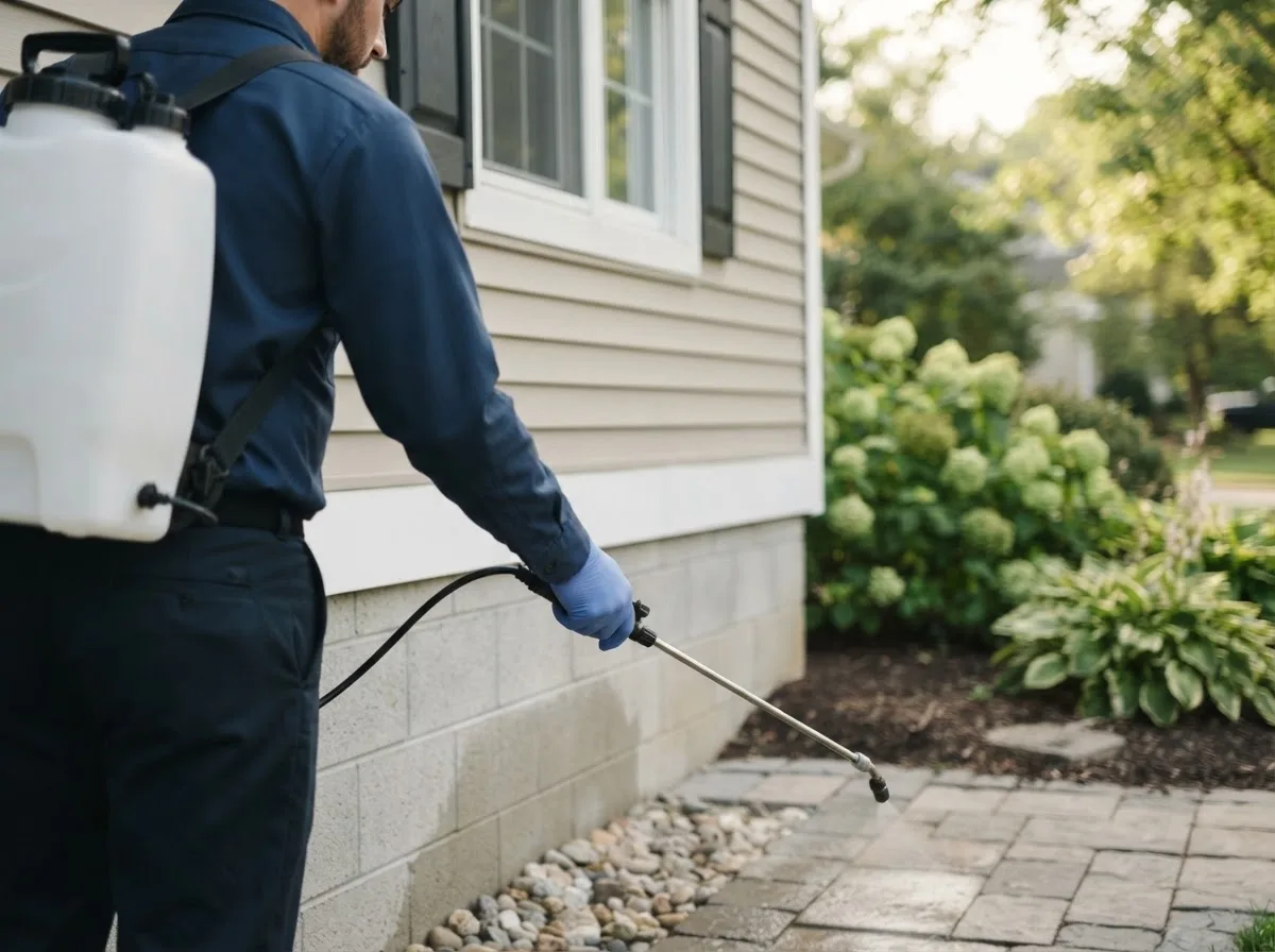 Pest control technician inspecting a home in Marenisco, MI